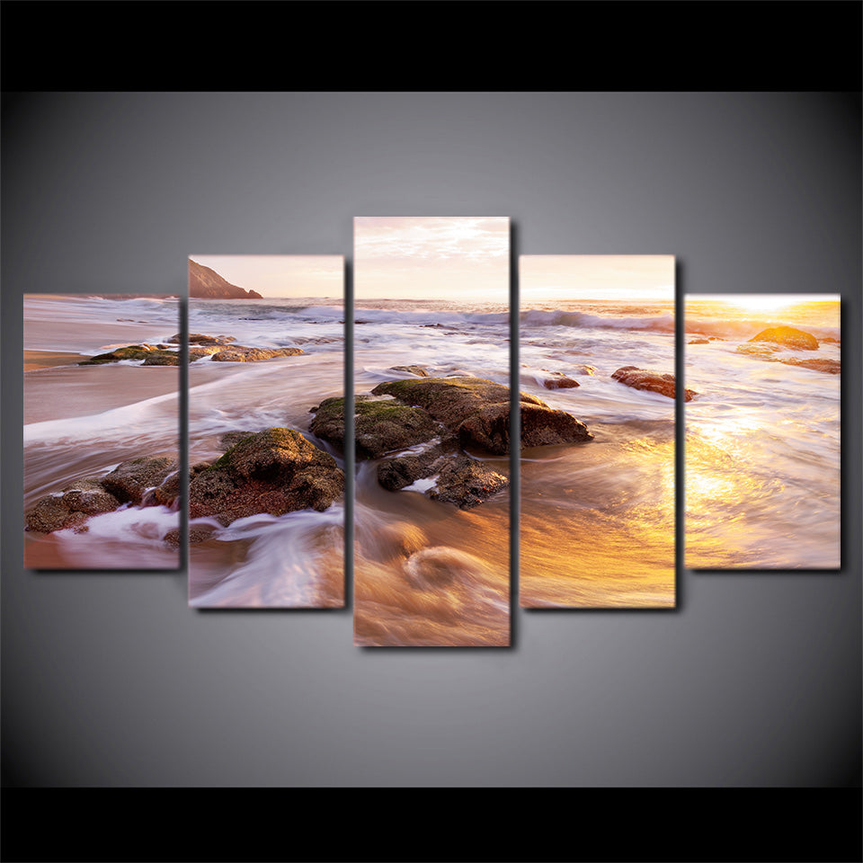 HD printed 5 piece Canvas Art Sunset Seascape Wave Painting Wall Picture For Living Room Home Decorations Free Shipping CU-2273C