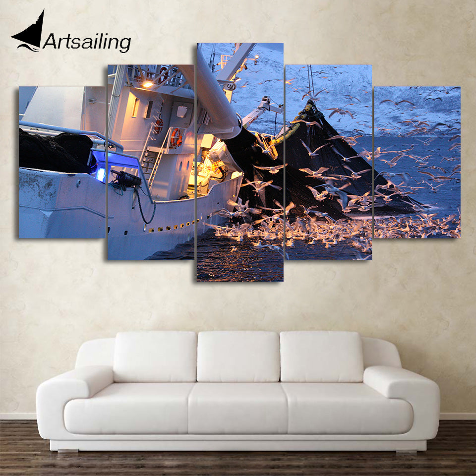 HD Printed 5 Piece Canvas Art Sea Swallow Painting Boat Wall Pictures Decor Framed Modular Painting Free Shipping CU-2090B