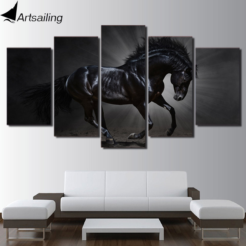 HD Printed canvas art running black horse painting steed poster Home Decor wall pictures for living room Artsailing