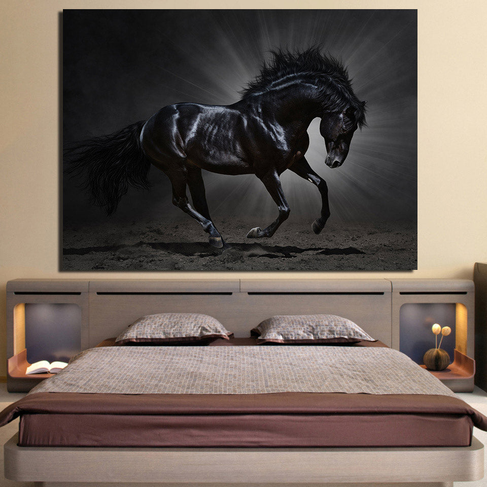 HD Printed canvas art running black horse painting steed poster Home Decor wall pictures for living room Artsailing