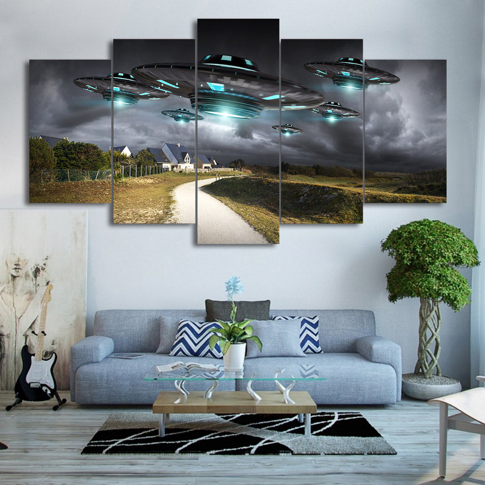 HD Printed 5 Piece Canvas Art Flying UFO Painting Dark Sky Wall Pictures Decor Framed Modular Painting Free Shipping CU-2077C