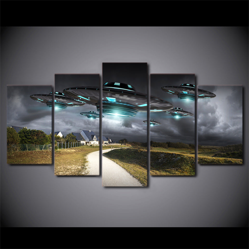 HD Printed 5 Piece Canvas Art Flying UFO Painting Dark Sky Wall Pictures Decor Framed Modular Painting Free Shipping CU-2077C