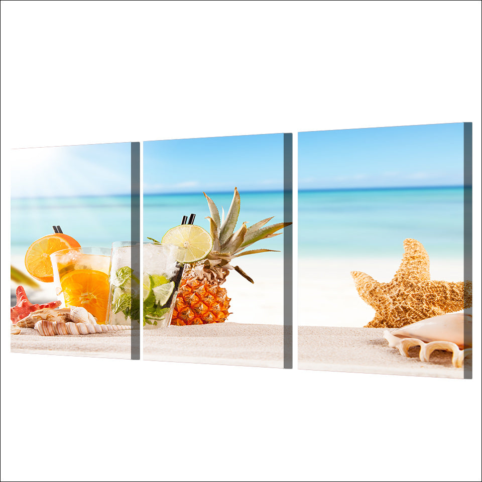 HD Printed 3 Piece Canvas Art Ice Fruit Drink Painting Beach Poster Shells Wall Pictures for Living Room Free shipping NY-6969D