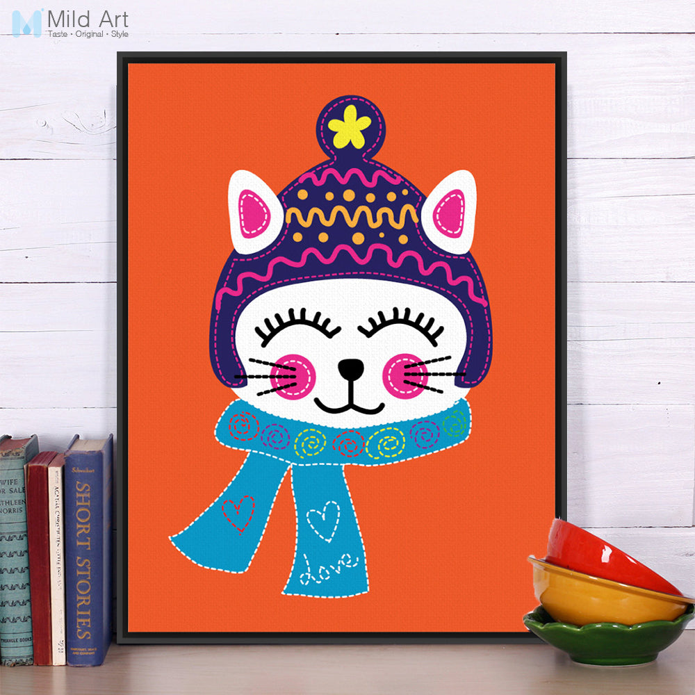 Modern Kawaii Red Animal Cat Smile Canvas A4 Large Art Print Poster Nursery Wall Picture Kids Baby Room Decor Painting No Frame