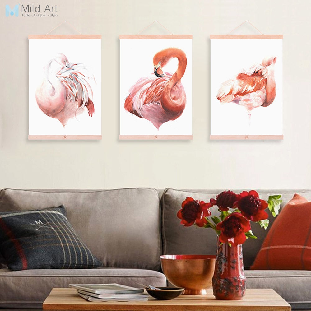 Modern Watercolor Flamingo Animal Poster A4 Wooden Framed Wall Art Print Picture Canvas Painting Nordic Living Room Decor Scroll
