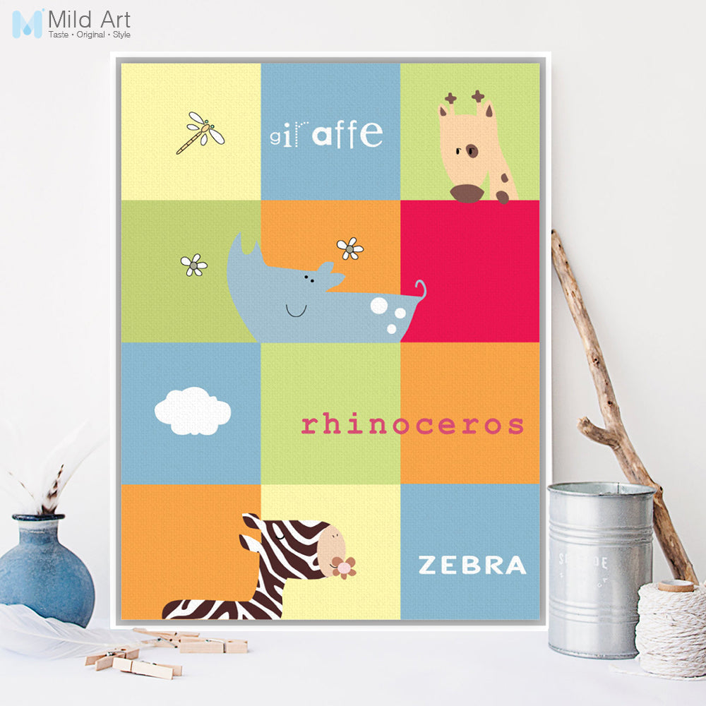 Colorful Animal Giraffe Rhinoceros Zebra Canvas A4 Large Art Print Poster Nursery Wall Picture Kids Room Decor Painting No Frame