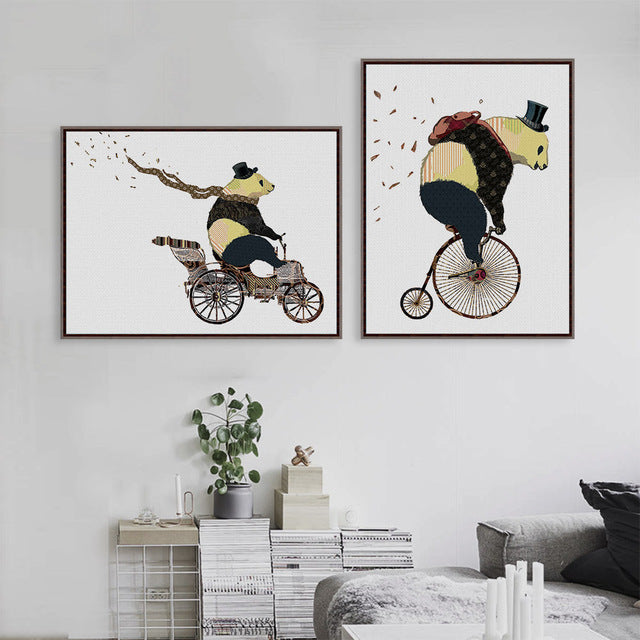 Cartoon Kawaii Panda Bicycle Art Prints Poster Hippie Animal Wall Picture Canvas Modern Nordic Kids Room Decor Painting No Frame