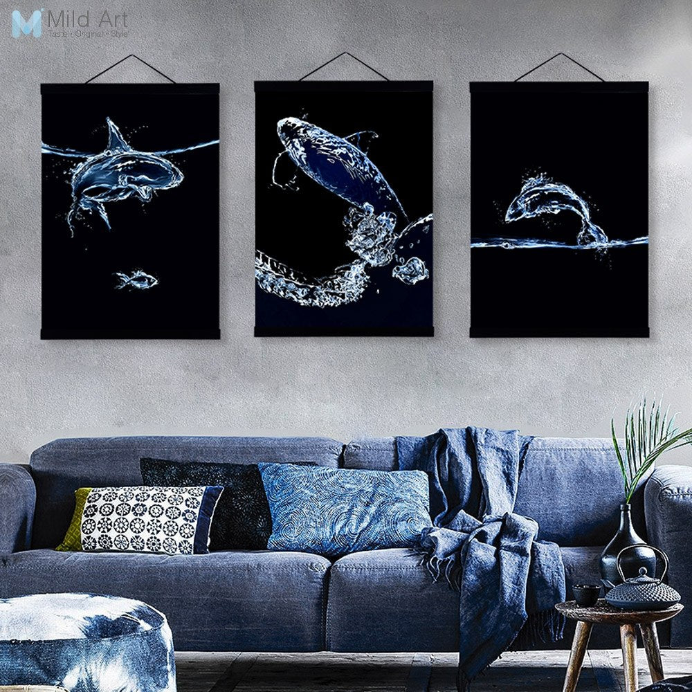 Black Abstract Water Drop Fish Whale Shark Poster Wooden Framed Canvas Painting Living Room Home Decor Wall Art Pictures Scroll