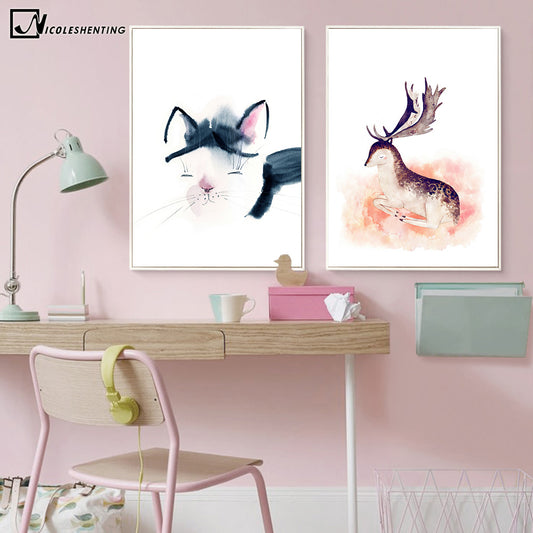 Nordic Watercolor Art Flamingo Cat Deer Minimalist Poster Animal Canvas Painting Wall Picture Print Home Kids Room Decoration