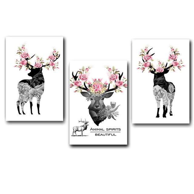 3 pcs Nordic Art Deer Flower Antlers Poster Vintage Minimalist Canvas Painting A4 Wall Picture Print Modern Home Room Decor C216