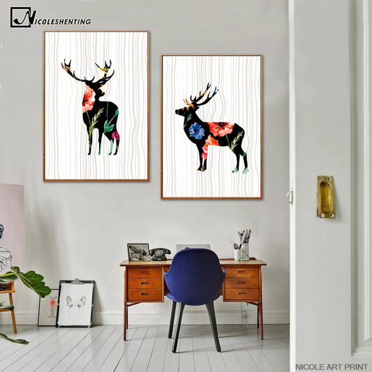 2 pcs Nordic Art Deer Flower Poster Minimalist Canvas Painting Abstract Wall Picture Print Modern Home Bedroom Room Decoration