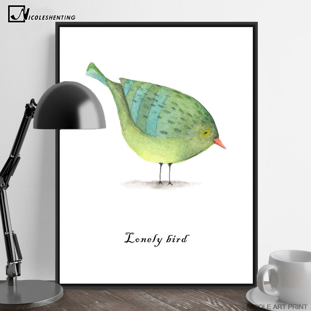 Nordic Art Loney Bird Watercolor Animal Minimalist Canvas Poster Painting Wall Picture Print Modern Home Bedroom Decoration