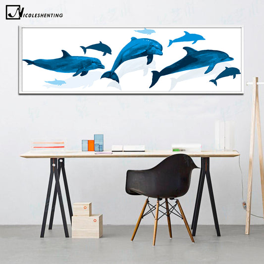 Blue Dolphin Canvas Poster Minimalist Art Painting Wall Picture Long Banner Print Living Room Decor Baby Bedroom Decoration