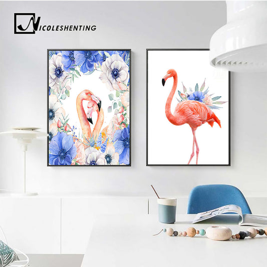 Watercolor Flamingo Flowers Nordic Canvas Poster Wall Art Canvas Prints Minimalist Painting Wall Picture for Bedroom Home Decor