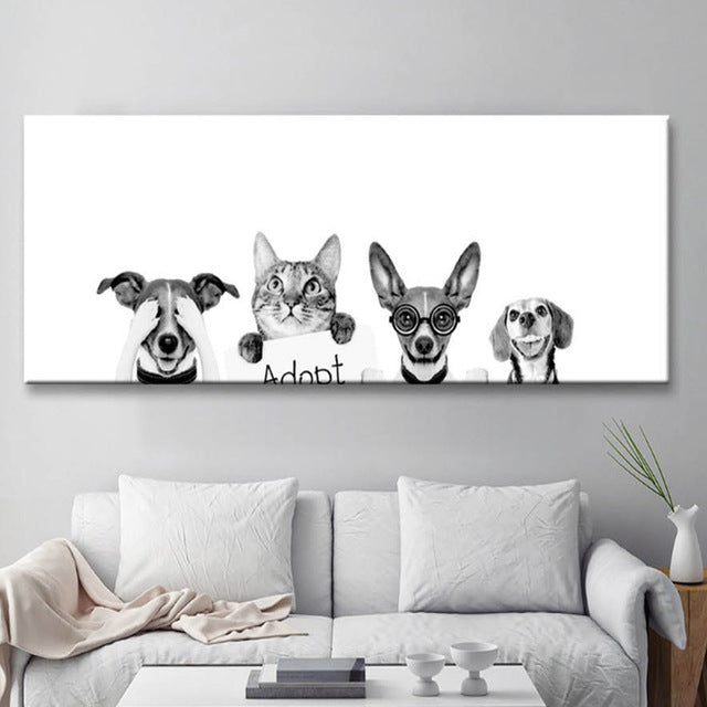 Modern Cute Dogs Cat Canvas Painting Animal Posters Prints Black and White Wall Art Pictures for Living Room Home Decor Unframed