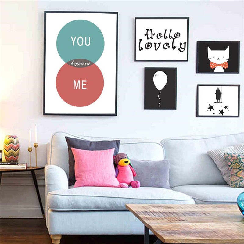 nordic children room decoration painting hello lovely bowknot cat you me poster painting print art WT0020