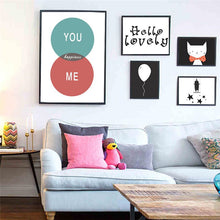 Load image into Gallery viewer, nordic children room decoration painting hello lovely bowknot cat you me poster painting print art WT0020
