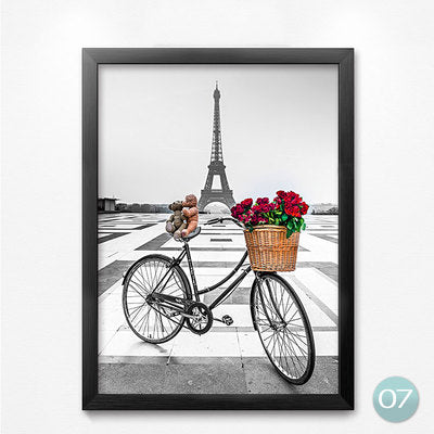 European Black White Red Flowers Bike Buildings Landscape Decoration Painting For Bedroom Cafe Art Wall Posters Painting HD0302