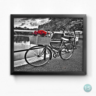 European Black White Red Flowers Bike Buildings Landscape Decoration Painting For Bedroom Cafe Art Wall Posters Painting HD0302