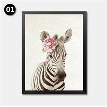 Load image into Gallery viewer, Kawaii Baby Animals Watercolour Flowers Art Print Poster Nursery Art Zebra Wall Picture Canvas Painting Kids Room Decor HD2243
