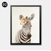 Load image into Gallery viewer, Kawaii Baby Animals Watercolour Flowers Art Print Poster Nursery Art Zebra Wall Picture Canvas Painting Kids Room Decor HD2243
