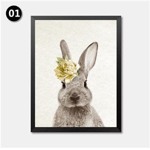 Kawaii Animals With Flowers Rabbit Art Prints Poster Nursery Wall Picture Canvas Painting Kids Room Decor No Frame HD2238