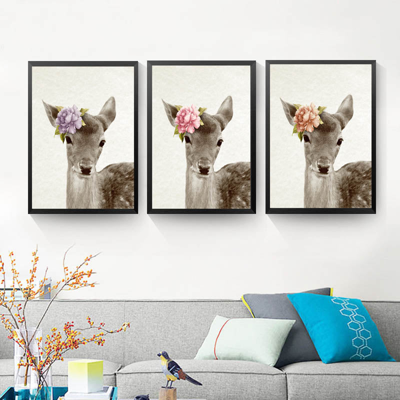 Kawaii Animals With Flowers Deer Art Prints Poster Nursery Wall Picture Canvas Painting Kids Room Decor No Frame HD2239