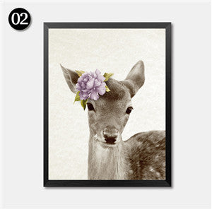 Kawaii Animals With Flowers Deer Art Prints Poster Nursery Wall Picture Canvas Painting Kids Room Decor No Frame HD2239
