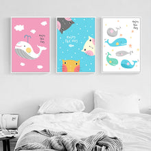 Load image into Gallery viewer, Nordic Fashion Happy Whale Cat Canvas Painting Animal Posters Prints Cartoon Wall Art Pictures for Kids Room Home Decor Unframed
