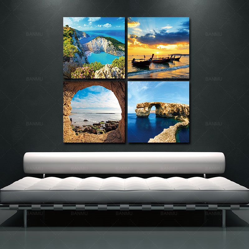 BANMU 4 Panel Modern Prints Beach Seascape Painting Sea Boat Sunset Painting Cuadros Wall Picture For Living Room No Frame