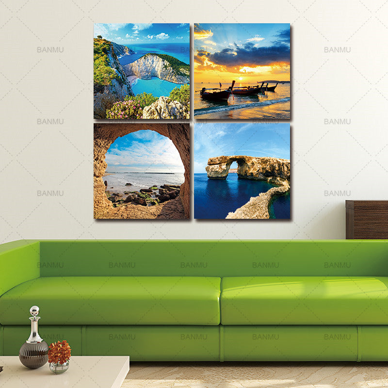 BANMU 4 Panel Modern Prints Beach Seascape Painting Sea Boat Sunset Painting Cuadros Wall Picture For Living Room No Frame