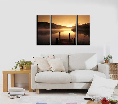 BANMU Modern 3 Piece  Giclee Canvas Print painting Misty Lake Brown Contemporary Beach Pictures Paintings Canvas Wall Art