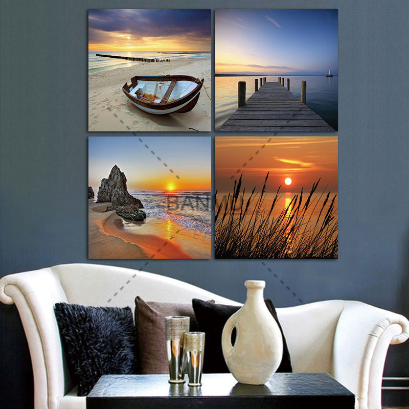 4 Panel Modern Prints Beach Seascape Painting Sea Boat Sunset Painting Cuadros Wall Picture For Living Room(No Frame)
