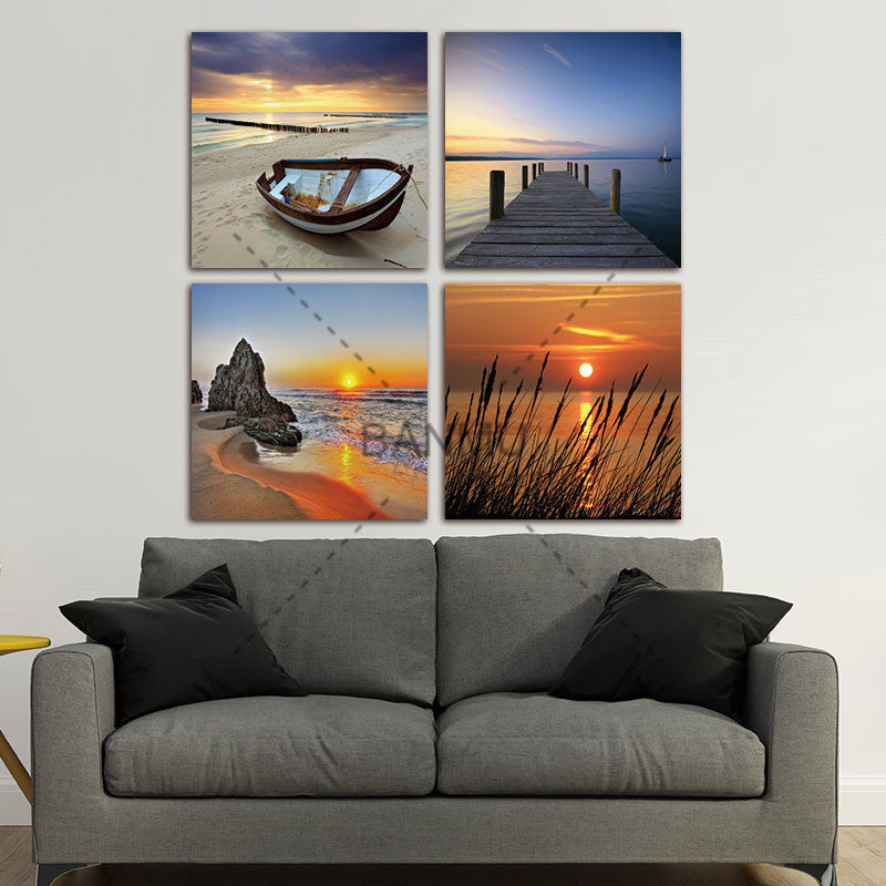4 Panel Modern Prints Beach Seascape Painting Sea Boat Sunset Painting Cuadros Wall Picture For Living Room(No Frame)