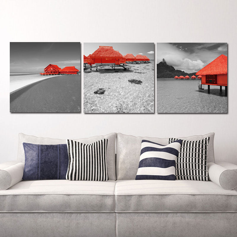 canvas painting wall art  Tropical Beach Red Bungalows House 3 Pieces Paintings Modern Giclee Artwork Seascape Pictures Photo