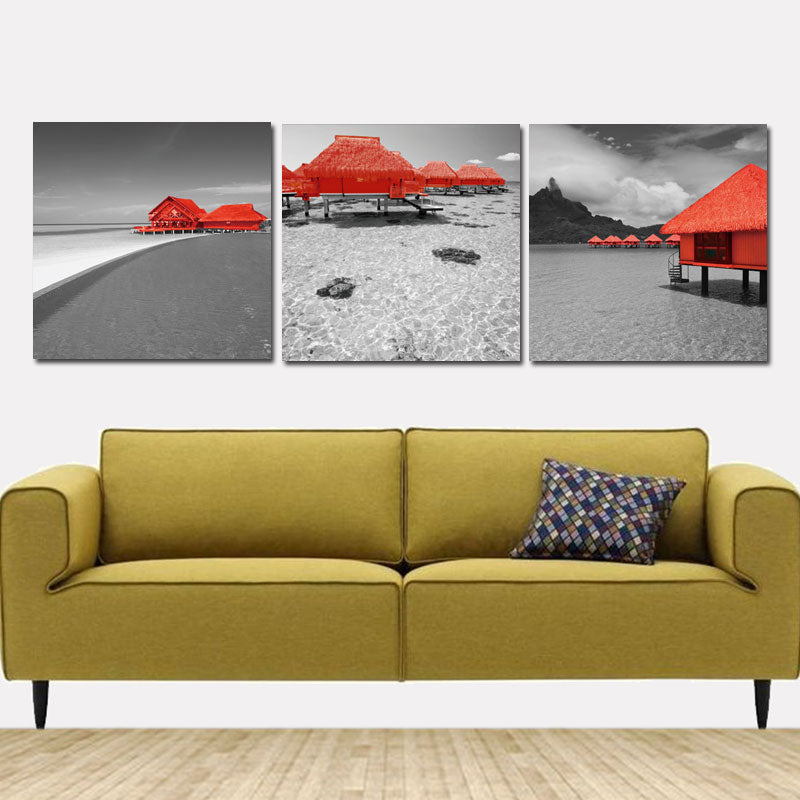 canvas painting wall art  Tropical Beach Red Bungalows House 3 Pieces Paintings Modern Giclee Artwork Seascape Pictures Photo
