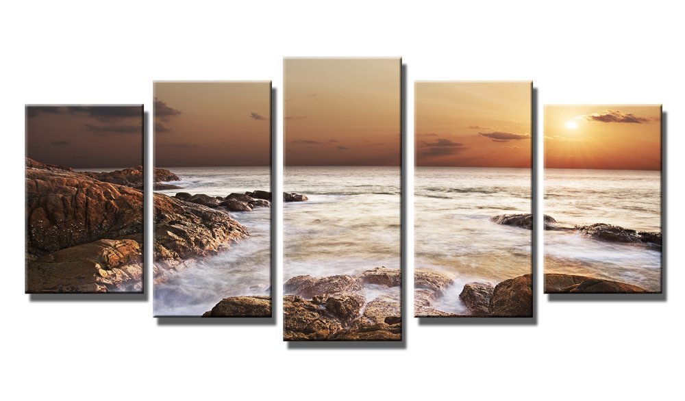 Rocky Sea Modern 5 Panels Seascape Canvas Prints Artwork Sea Beach Pictures Paintings on Canvas Wall Art for Decorations