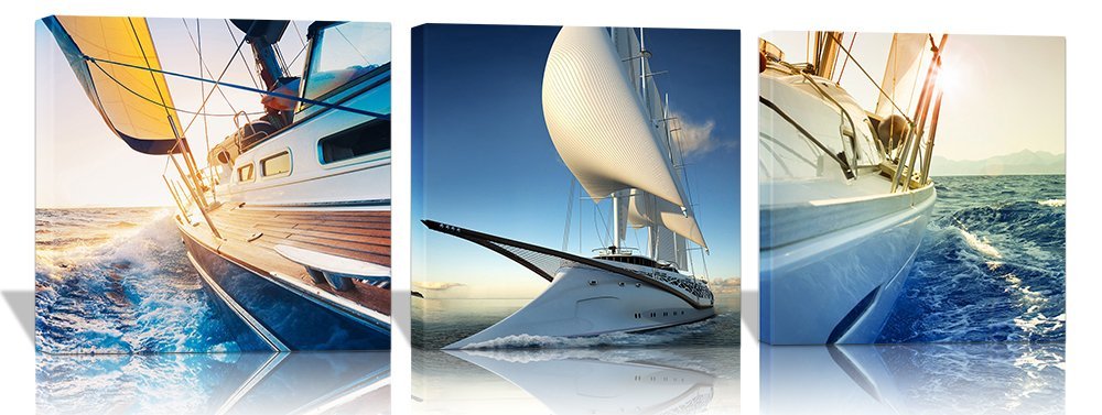 3 Pieces Yacht in the Sea Pictures Canvas Wall Artwork Giclee Prints Modern Home Decor Paintings for Living Room Decoration