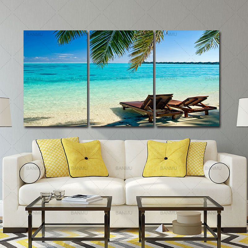 3 Panel Sea Scenery With Beach Modern Wall Art For Wall Decor Home Decoration Picture Paint on Canvas Prints Painting(Unframed)