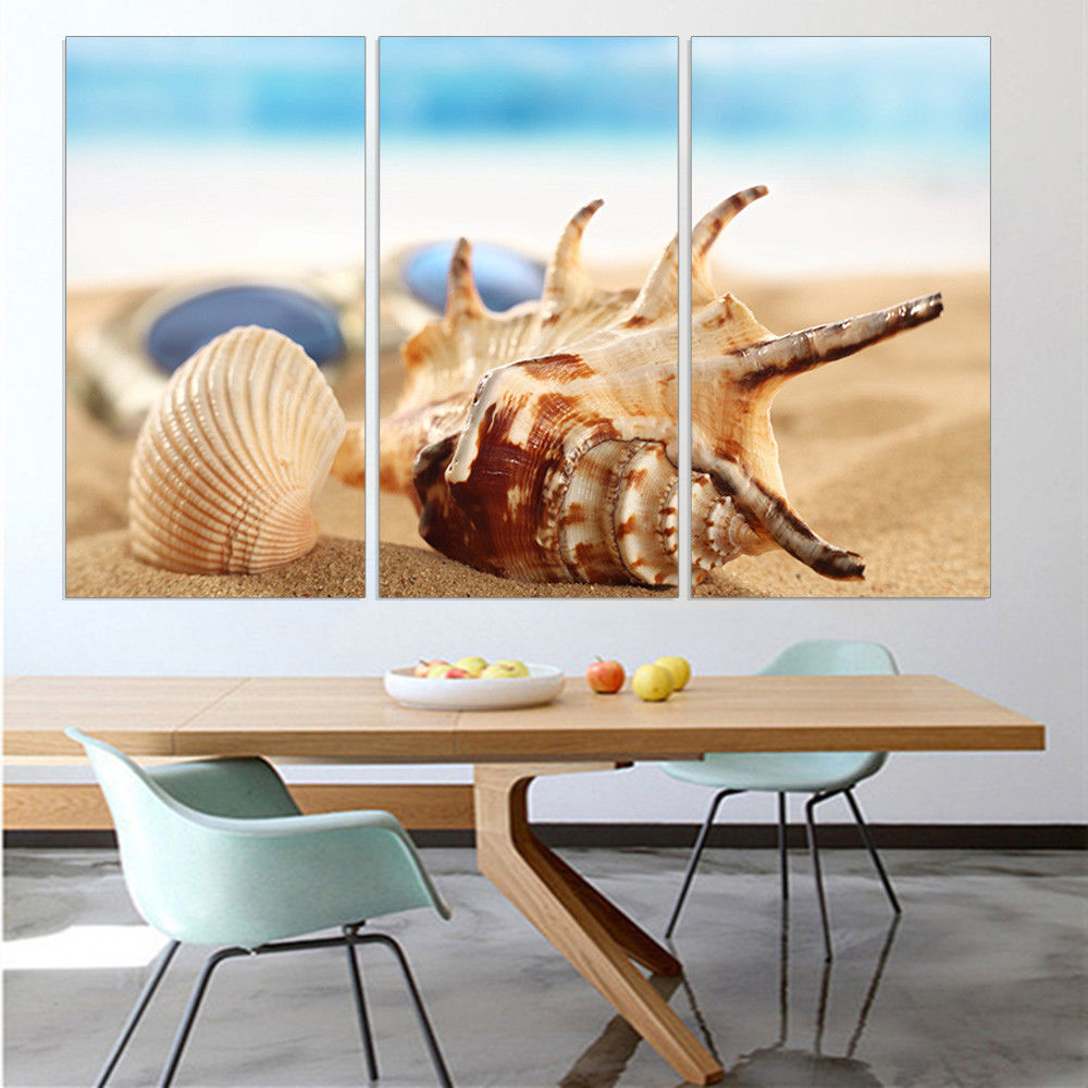 3 Pieces Of Wall Art Deco Oil Paintings Seaview Sea Shells Modern Fashion Picture Print On Canvas Painting for Home Decoration