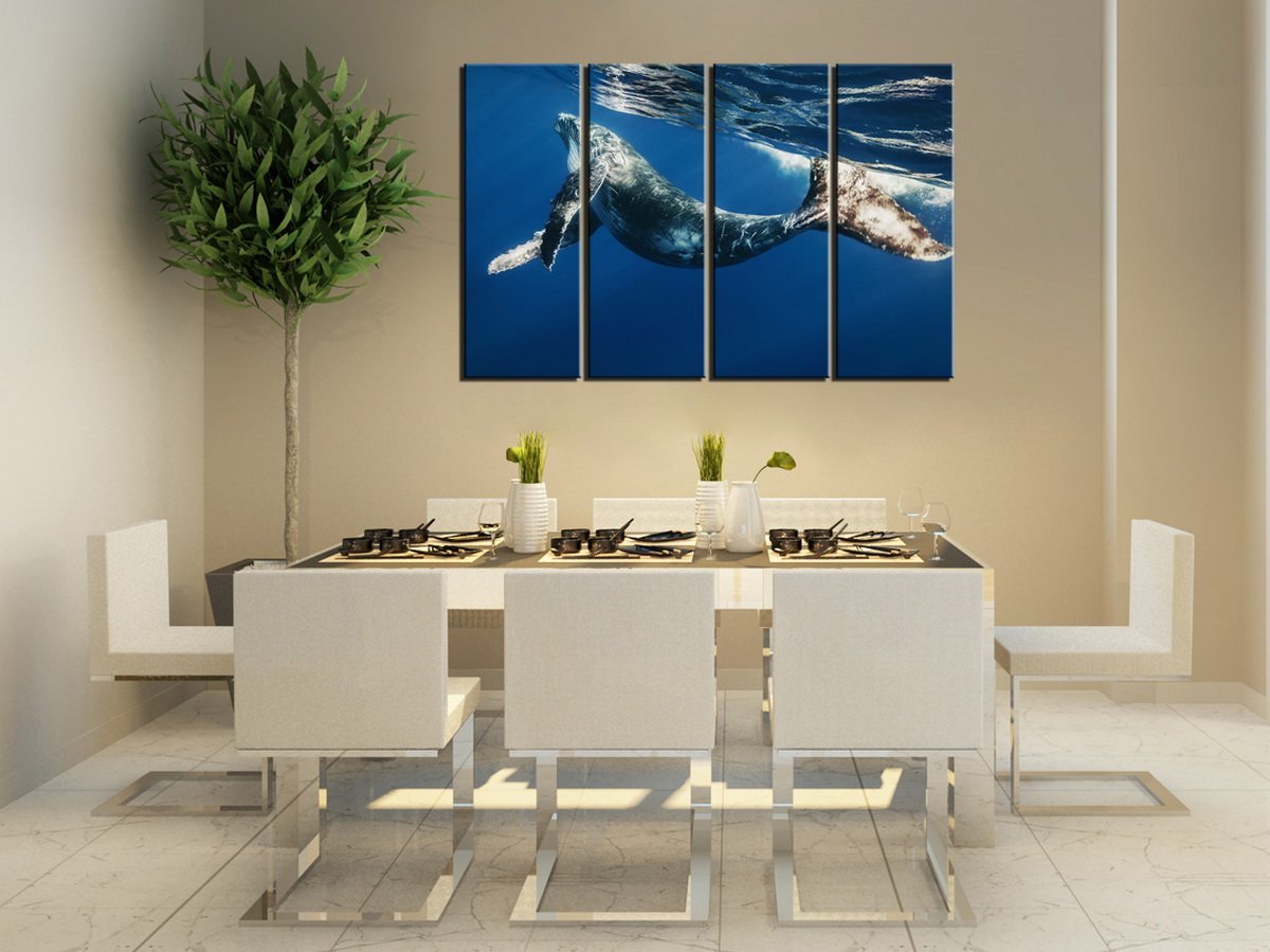 BANMU 4 Piece Frameless Swimming Whale In Blue Sea Canvas Print Animal Pictures Wall Art Oil Painting for Living Room Decoration