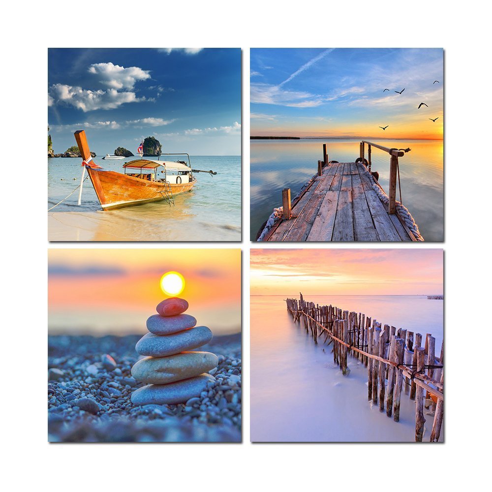 4 Panels boat Canvas Painting beach Painting On Canvas cuadros decoracion beauty Wall Painting Art Wall Picture For Living Room
