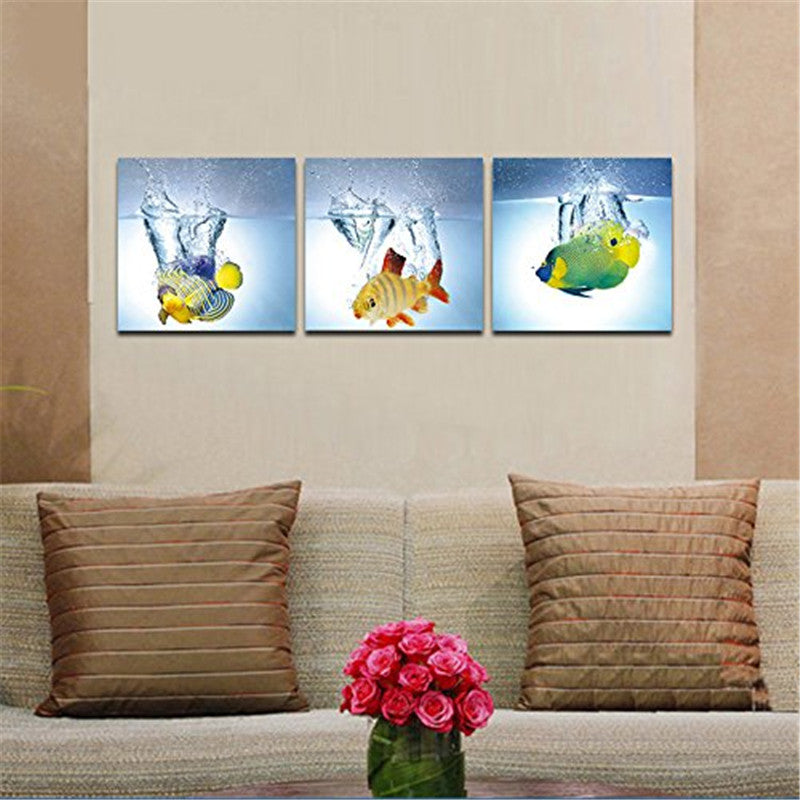 Happy Fish 3 Panels Modern Animal Picture Photo Paintings on Canvas Wall Art for Bedroom Kitchen Home Decorations