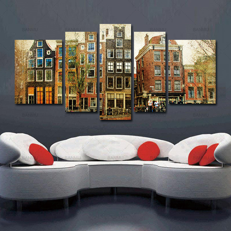 5 Panel Wall Art canvas painting Amsterdam Retro Styled Houses Vehicle Painting Pictures Print On Canvas Architecture