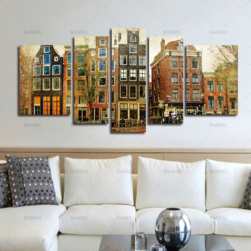 5 Panel Wall Art canvas painting Amsterdam Retro Styled Houses Vehicle Painting Pictures Print On Canvas Architecture