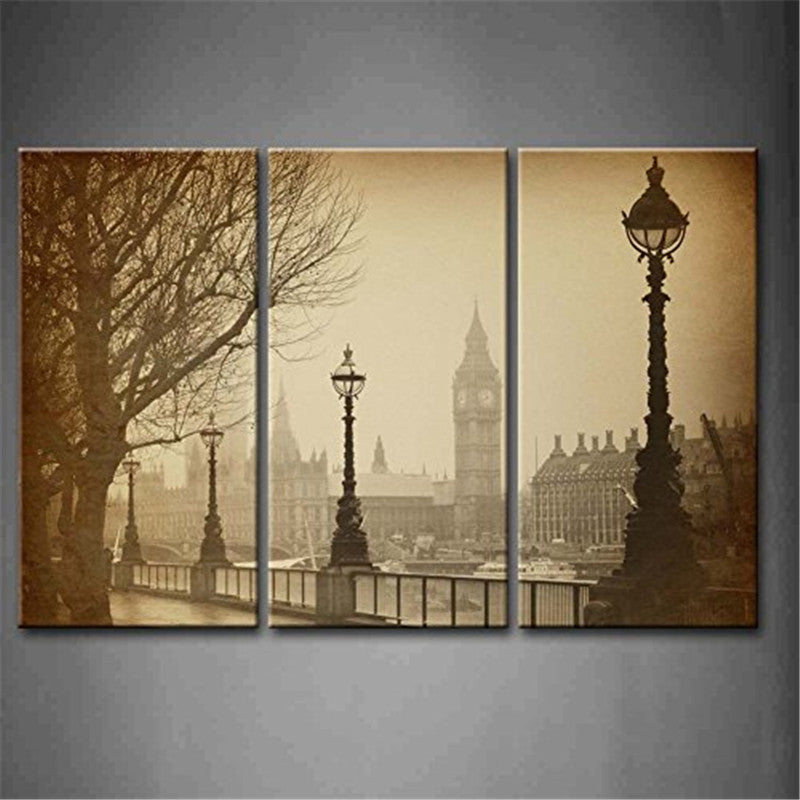 3 Panel Wall Art Brown Vintage Retro Big Ben Houses Of Parliament In London Painting Pictures Print On Canvas City The Picture