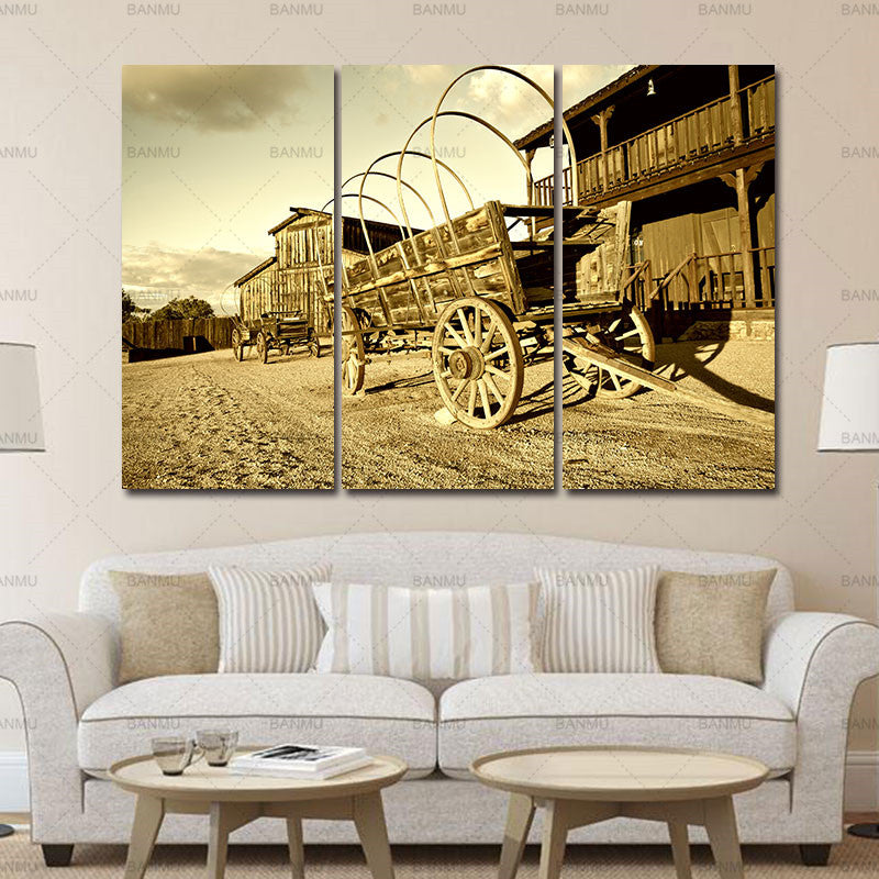 Canvas painting the Picture For Home Modern Decoration3 Panel Wall Art Wild West Cowboy Town With Wagon Painting Pictures