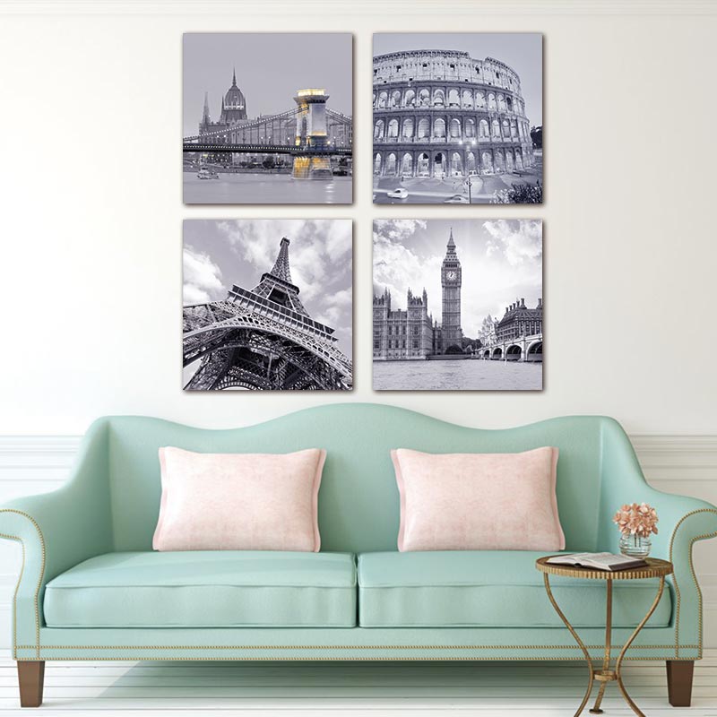 4 Piece Famous Buildings Roman Colosseum Big Ben  Eiffel Tower Oil Painting Wall for Home and Office Decor