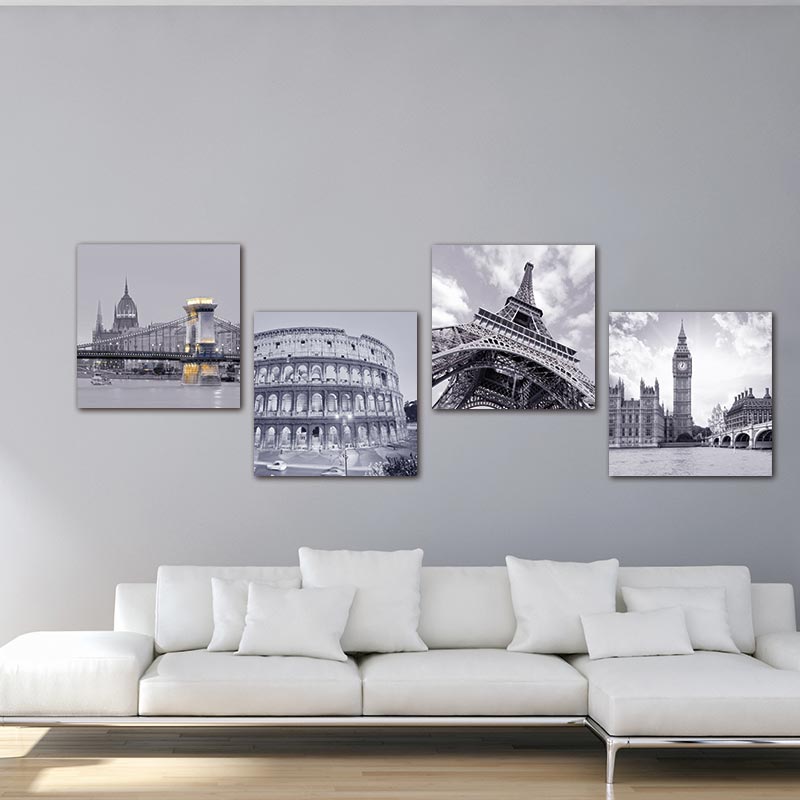 4 Piece Famous Buildings Roman Colosseum Big Ben  Eiffel Tower Oil Painting Wall for Home and Office Decor