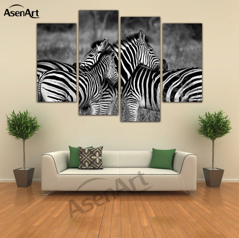 4 Panel Art Zebra Painting Horse Black and White Animal Painting for Living Room Wall Art Canvas Prints Unframed